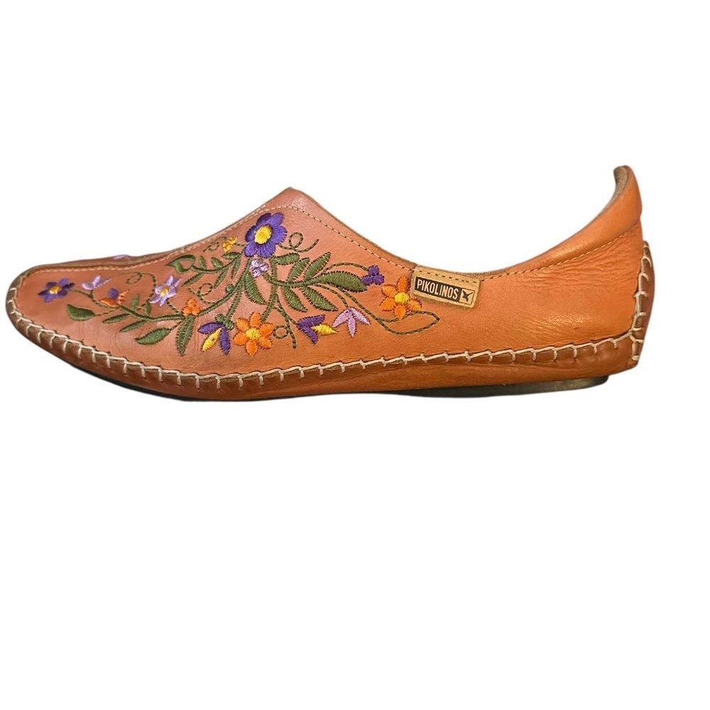 Super Rare Brandy Brown PIKOLINOS Jerez Tan Floral Embroidered Leather Moccasins - Picture 4 of 9